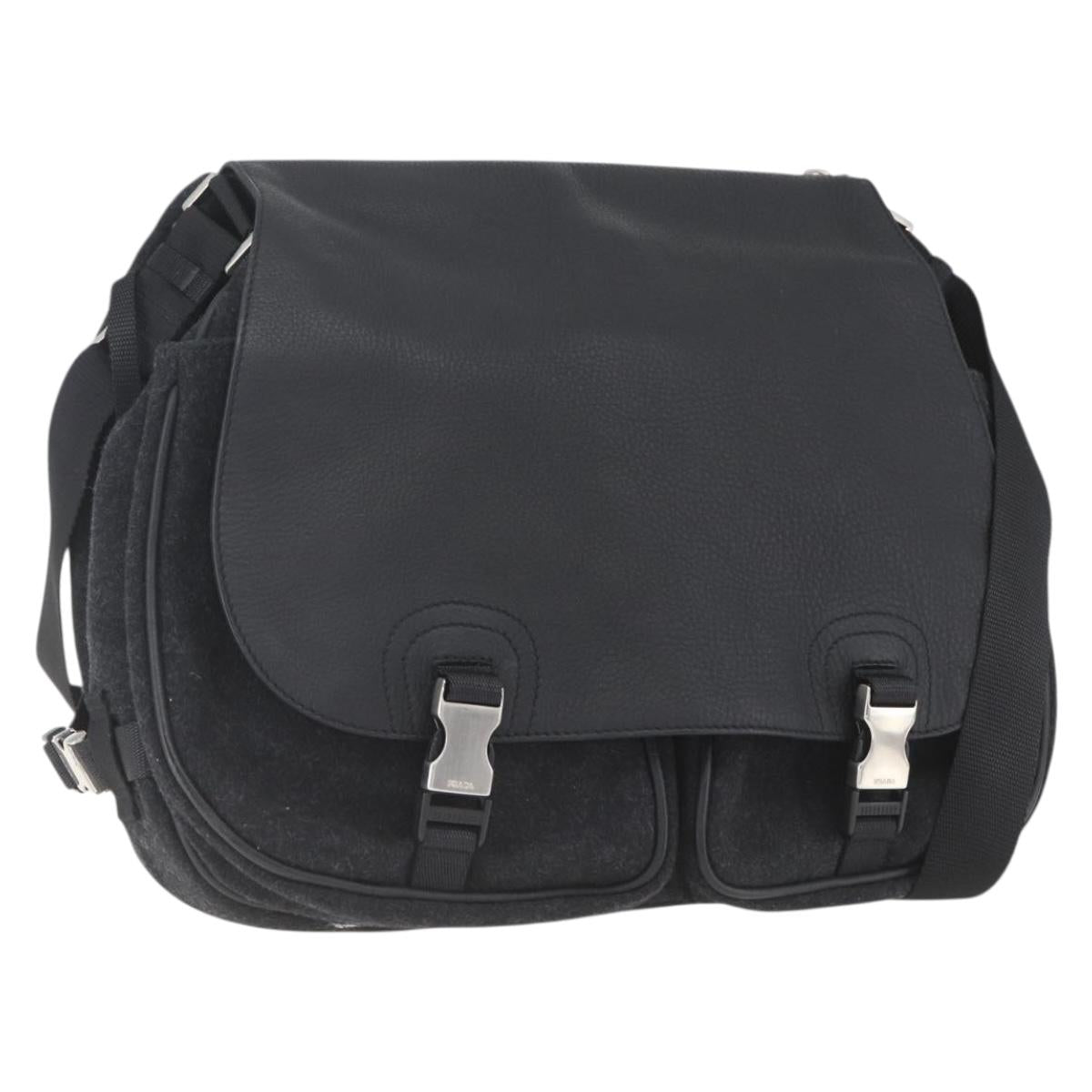PRADA Shoulder Bag Wool Leather Black Silver Auth 164511