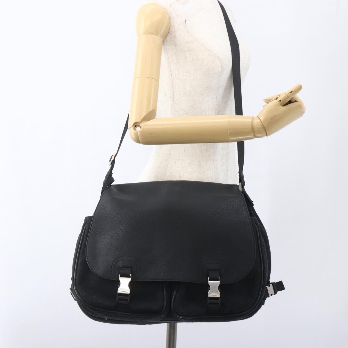 PRADA Shoulder Bag Wool Leather Black Silver Auth 164511