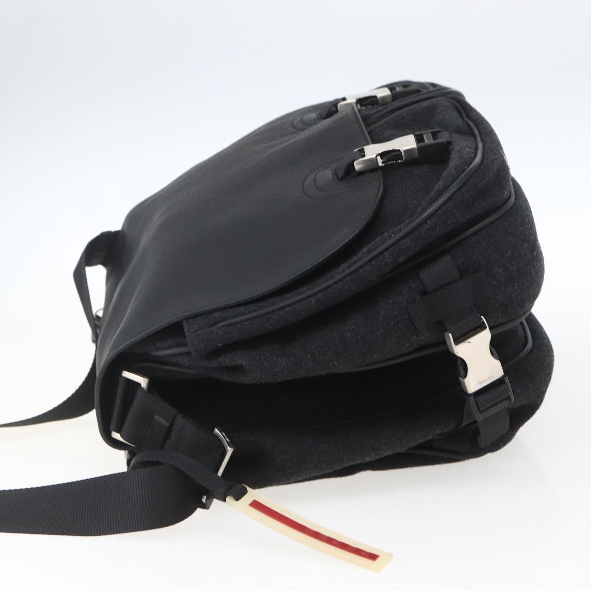 PRADA Shoulder Bag Wool Leather Black Silver Auth 164511