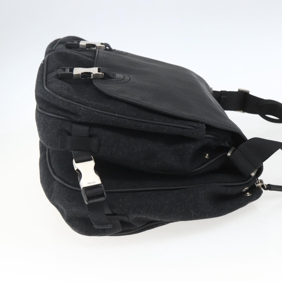 PRADA Shoulder Bag Wool Leather Black Silver Auth 164511