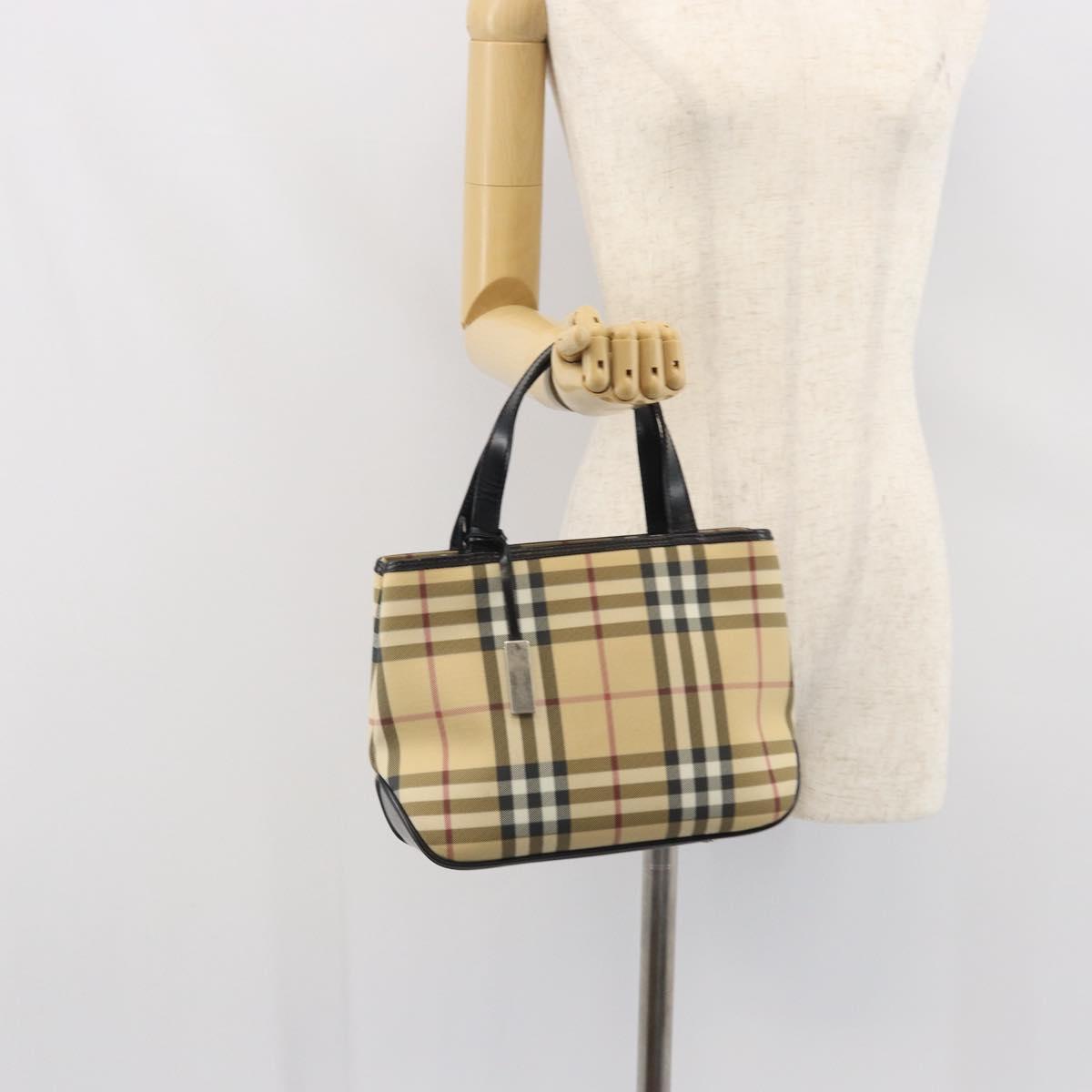 BURBERRY Nova Check Hand Bag PVC Beige Black Silver Auth 164517
