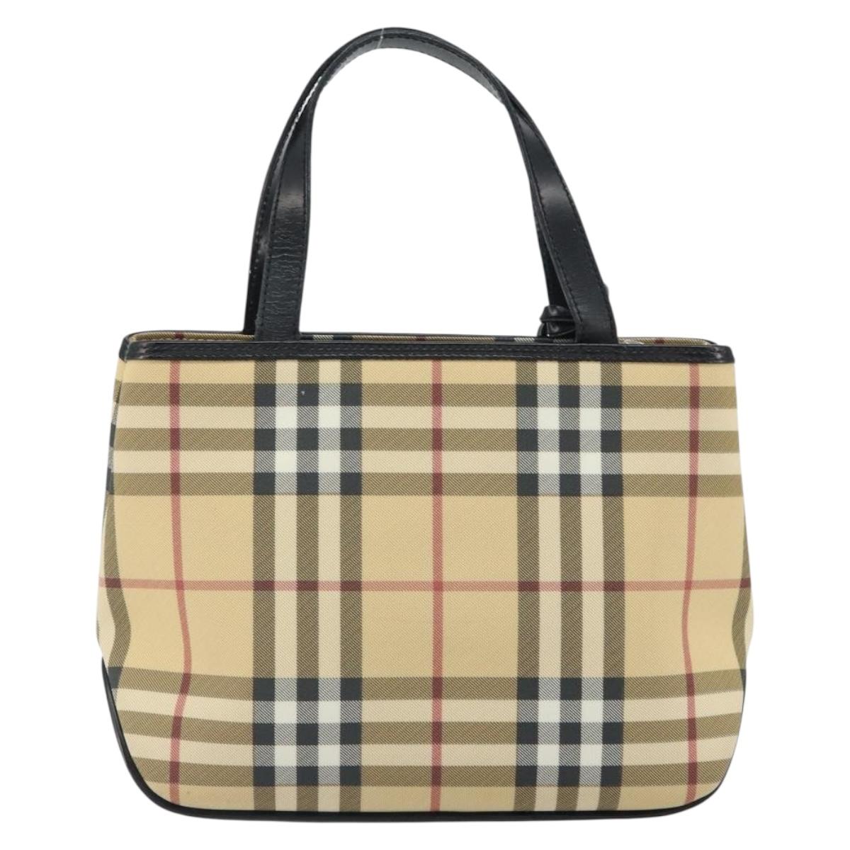 BURBERRY Nova Check Hand Bag PVC Beige Black Silver Auth 164517