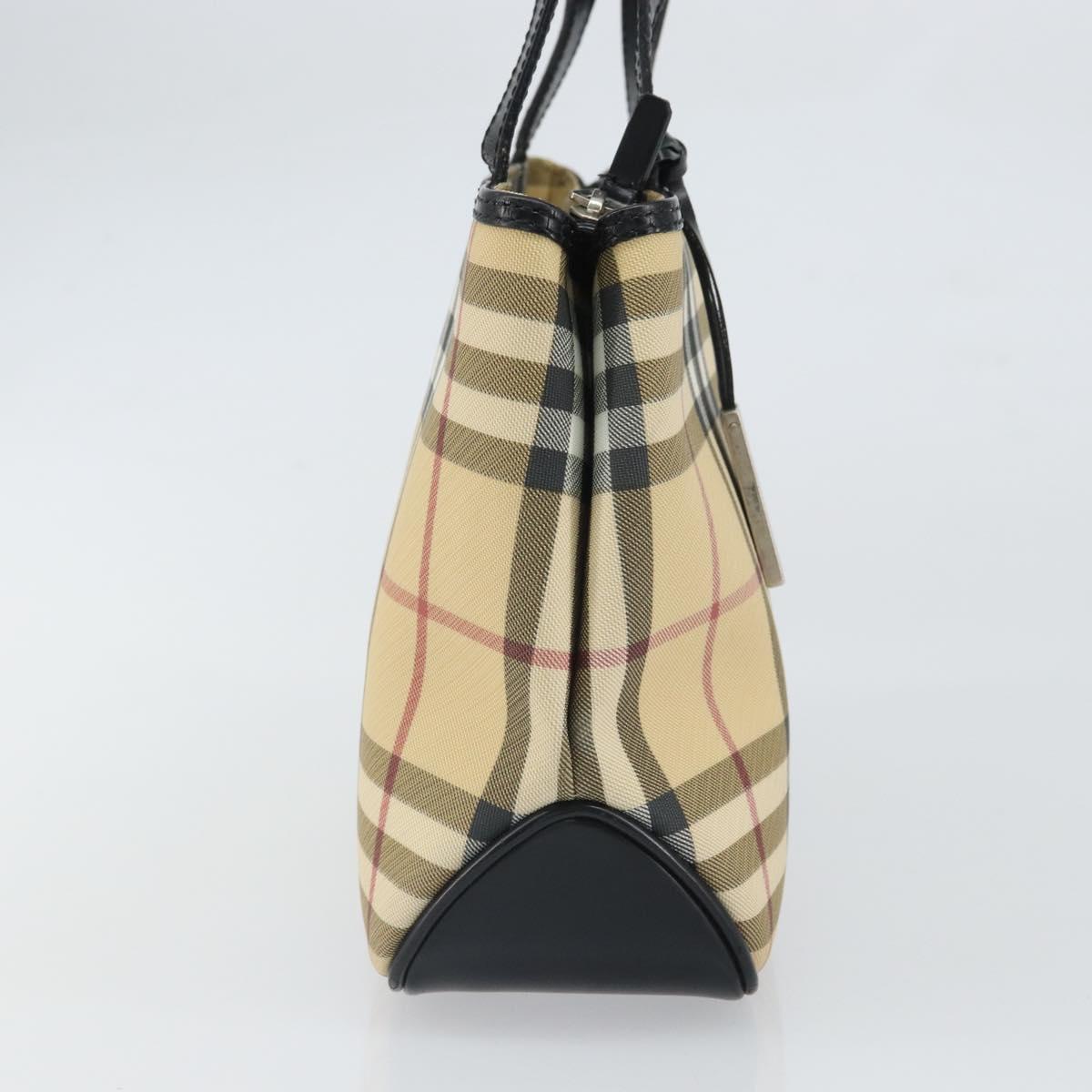 BURBERRY Nova Check Hand Bag PVC Beige Black Silver Auth 164517