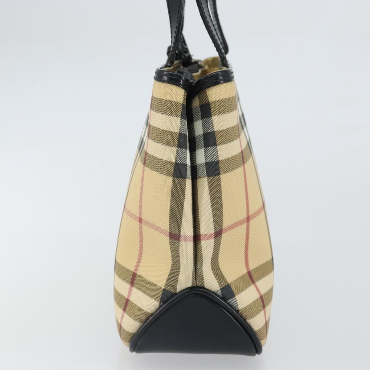 BURBERRY Nova Check Hand Bag PVC Beige Black Silver Auth 164517