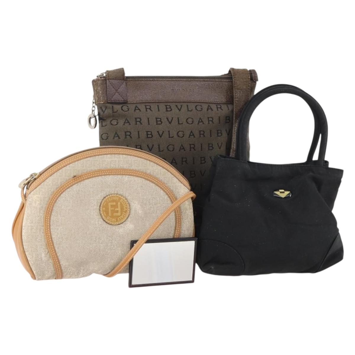 BOTTEGA VENETA Fendi Bulgari Bag Coated Canvas Nylon 3 Set Brown Auth 164639