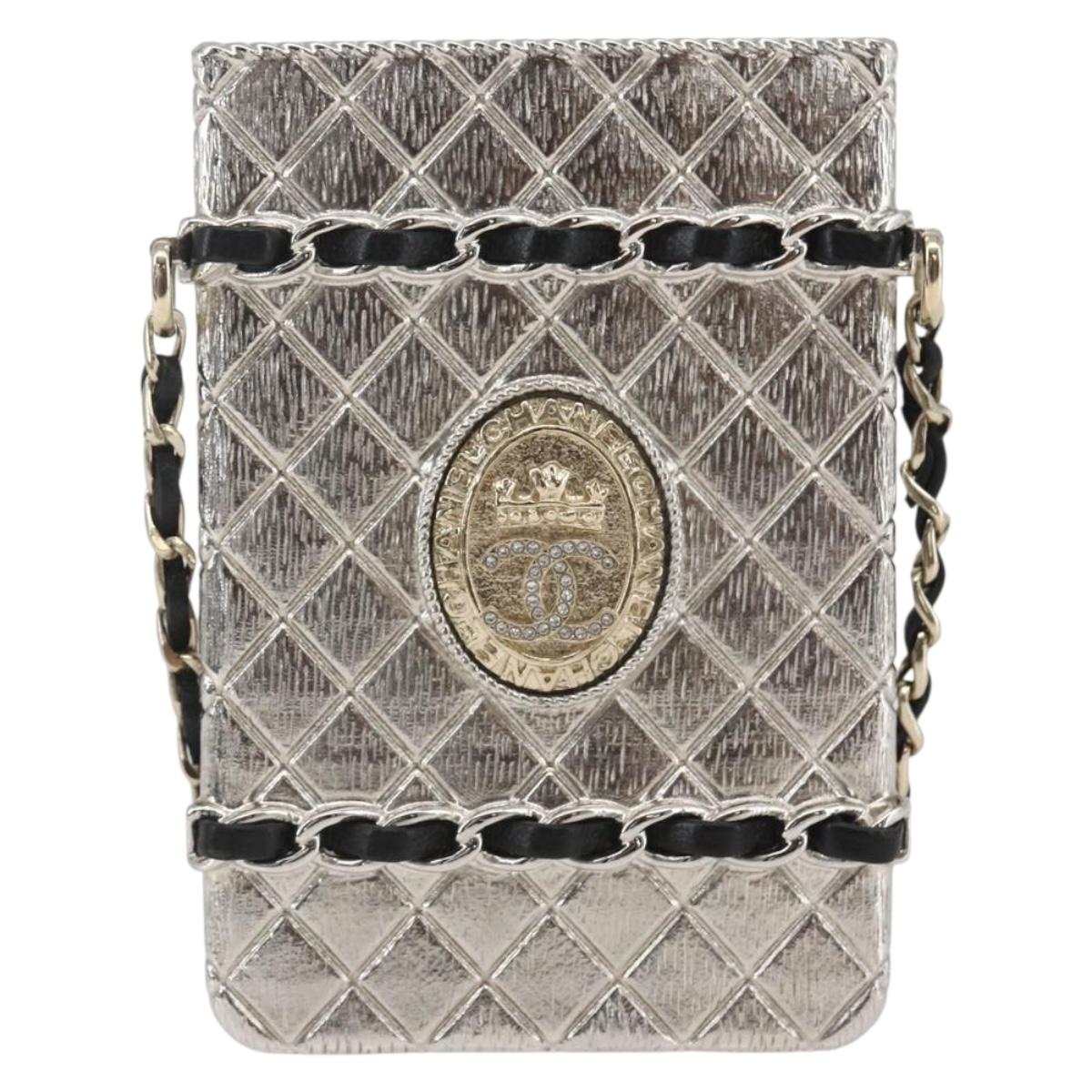 CHANEL Chain Neck Card Case metal Silver tone CC Auth 164711SM