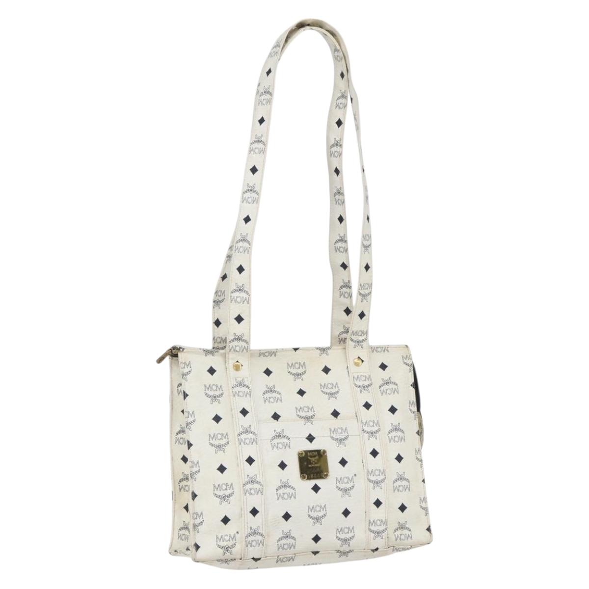 MCM Vicetos Logogram Shoulder Bag PVC Leather White Gold Auth 164760