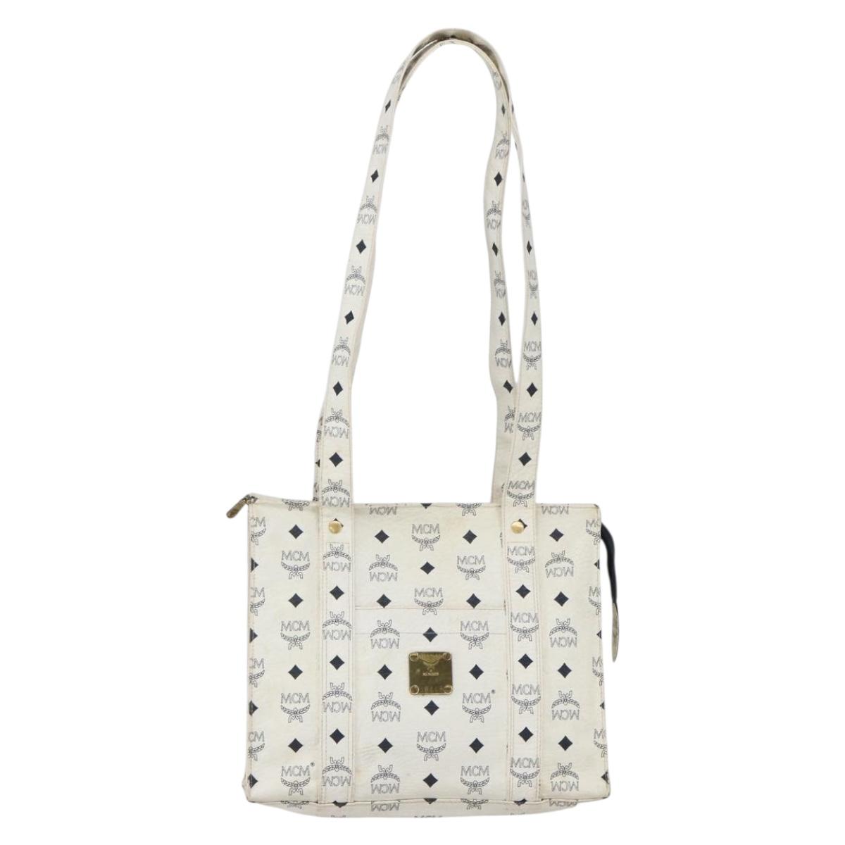 MCM Vicetos Logogram Shoulder Bag PVC Leather White Gold Auth 164760