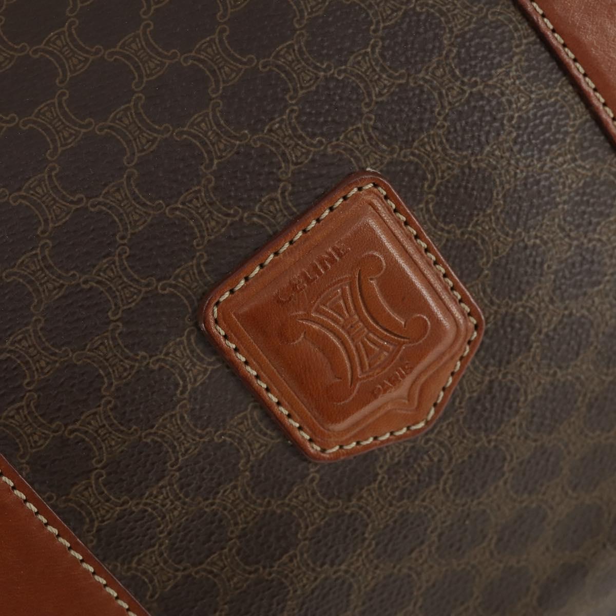 CELINE Macadam Canvas Boston Bag PVC Leather Brown Gold Auth 164768