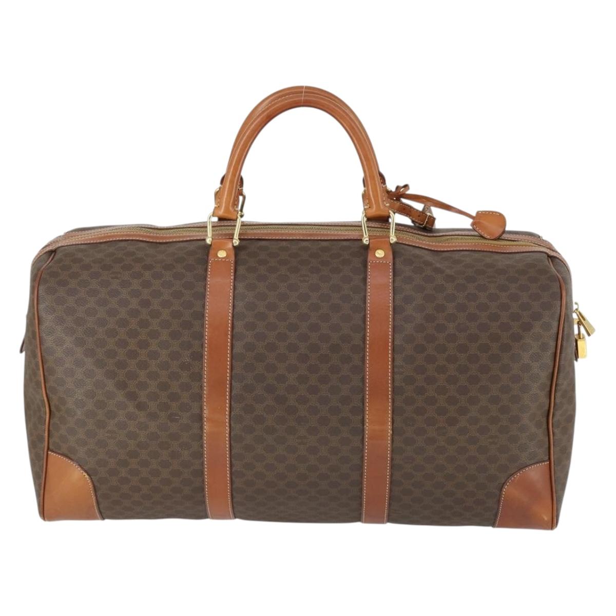 CELINE Macadam Canvas Boston Bag PVC Leather Brown Gold Auth 164768