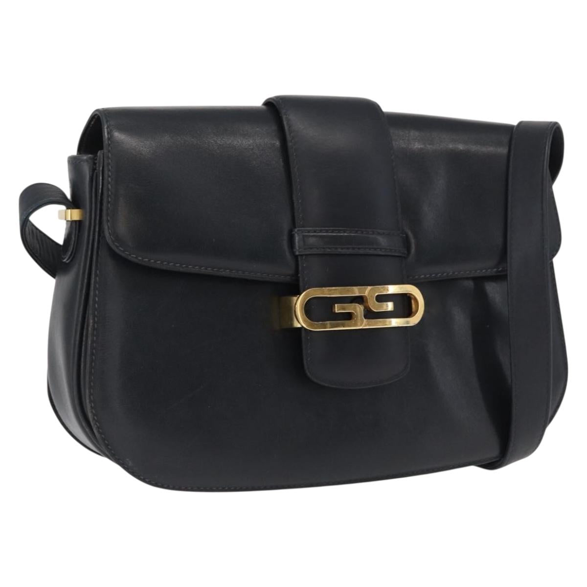 GUCCI Shoulder Bag Leather Navy Gold Auth 164835