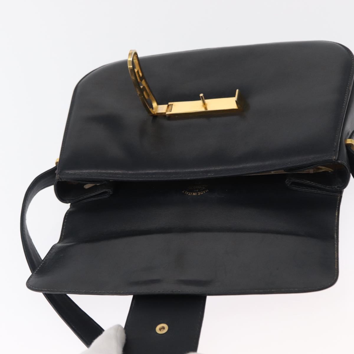 GUCCI Shoulder Bag Leather Navy Gold Auth 164835
