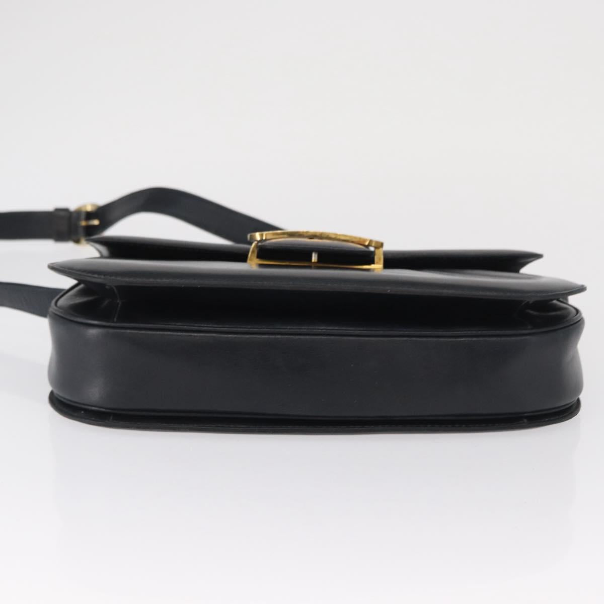GUCCI Shoulder Bag Leather Navy Gold Auth 164835