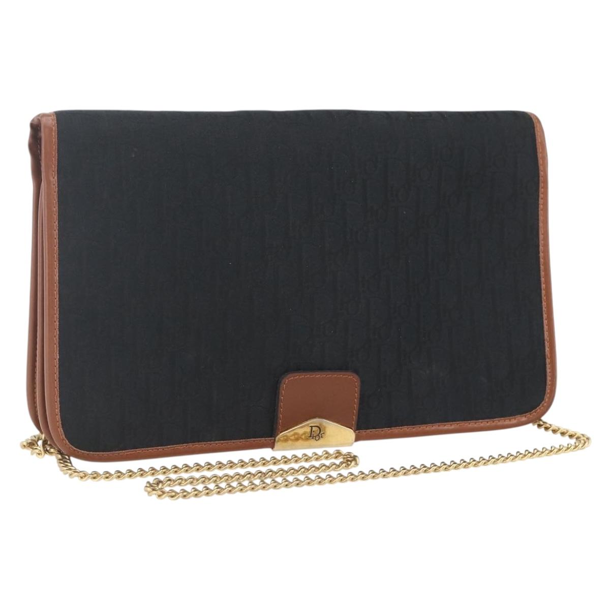 Christian Dior Trotter Canvas Chain Shoulder Bag Black Gold Auth 164854