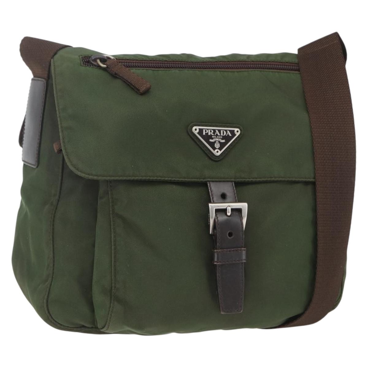 PRADA Shoulder Bag Nylon Khaki Silver Auth 164856