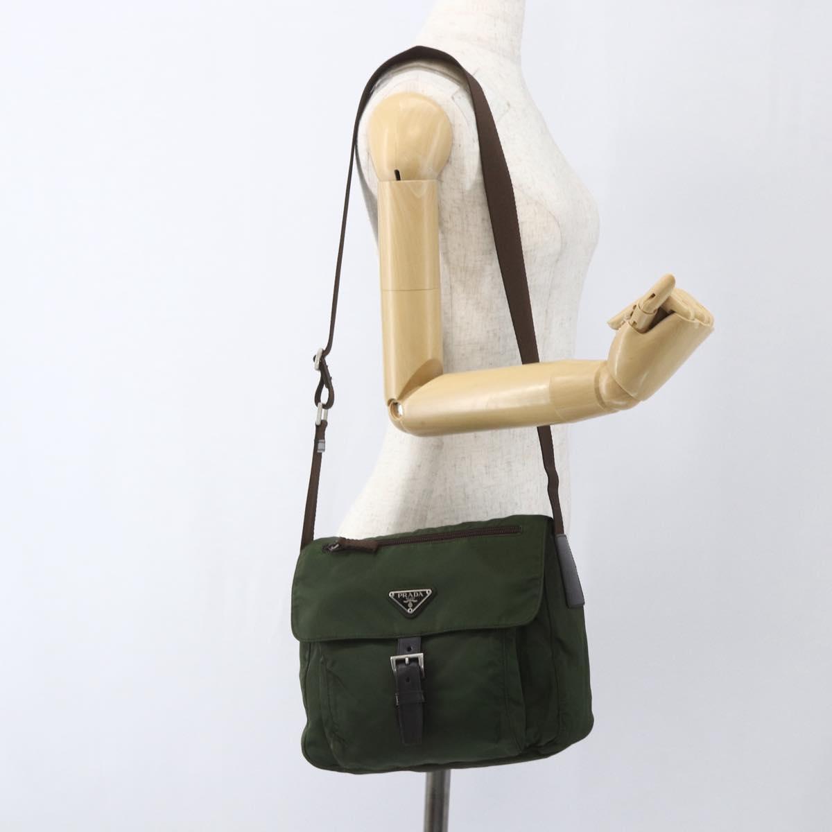 PRADA Shoulder Bag Nylon Khaki Silver Auth 164856