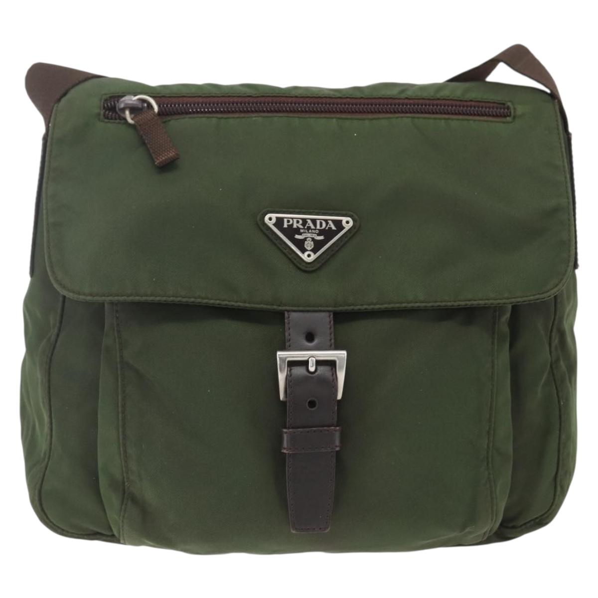 PRADA Shoulder Bag Nylon Khaki Silver Auth 164856