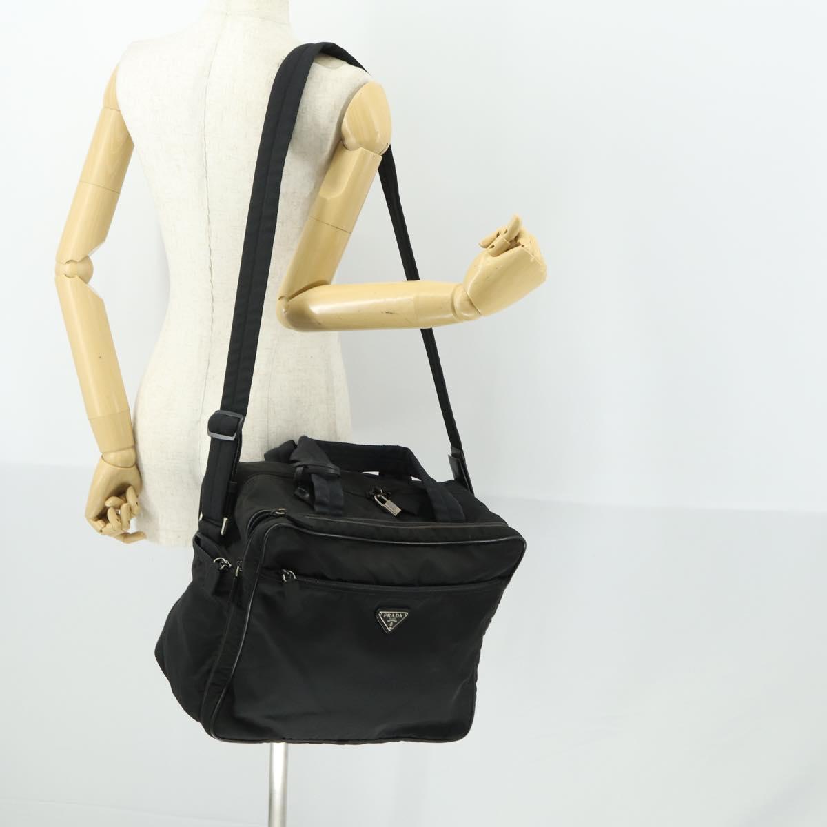 PRADA Hand Bag Nylon 2way Black Silver Auth 164859