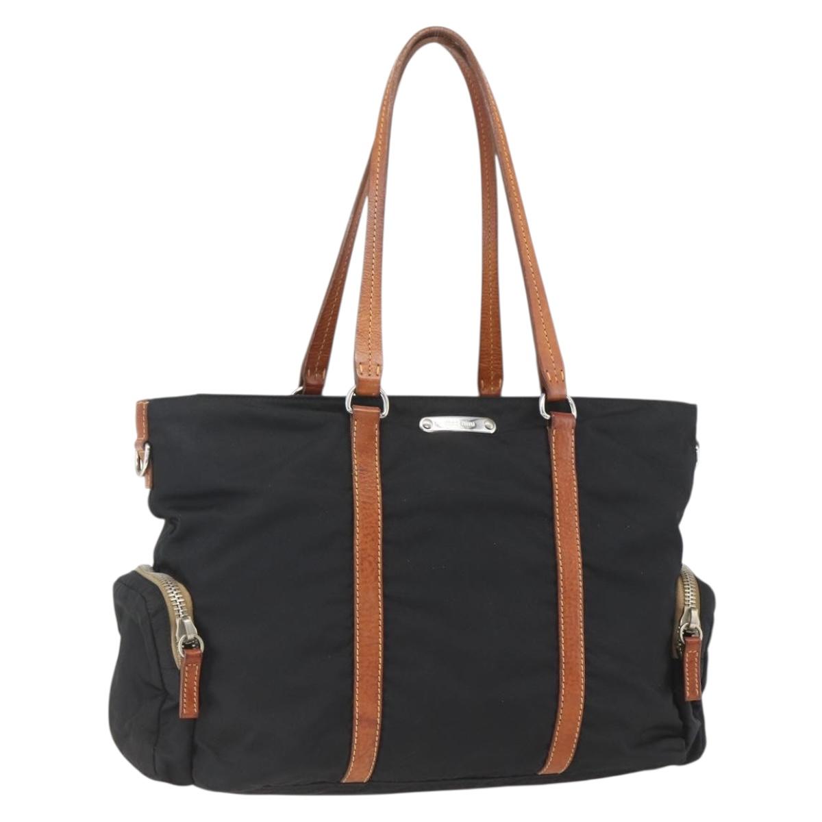 Miu Miu Tote Bag Nylon Leather Black Brown Silver Auth 164862