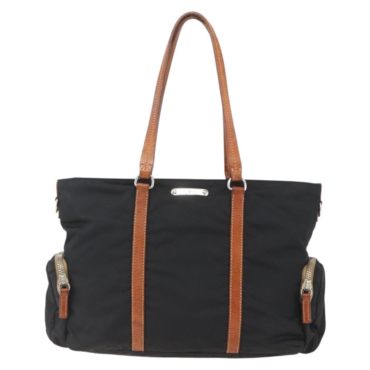 Miu Miu Tote Bag Nylon Leather Black Brown Silver Auth 164862