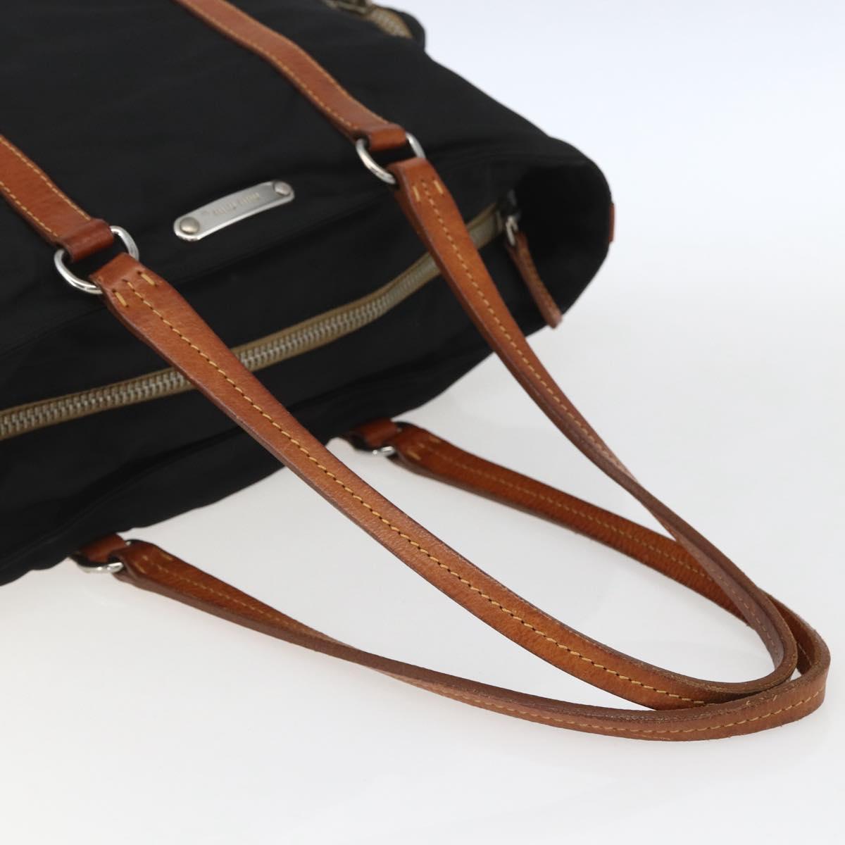 Miu Miu Tote Bag Nylon Leather Black Brown Silver Auth 164862
