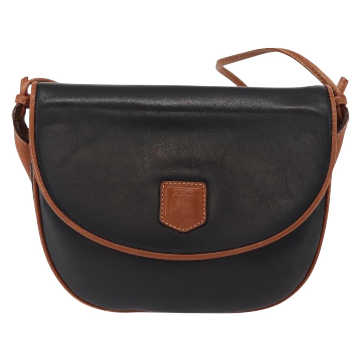 CELINE Shoulder Bag Leather Black Gold Auth 164870