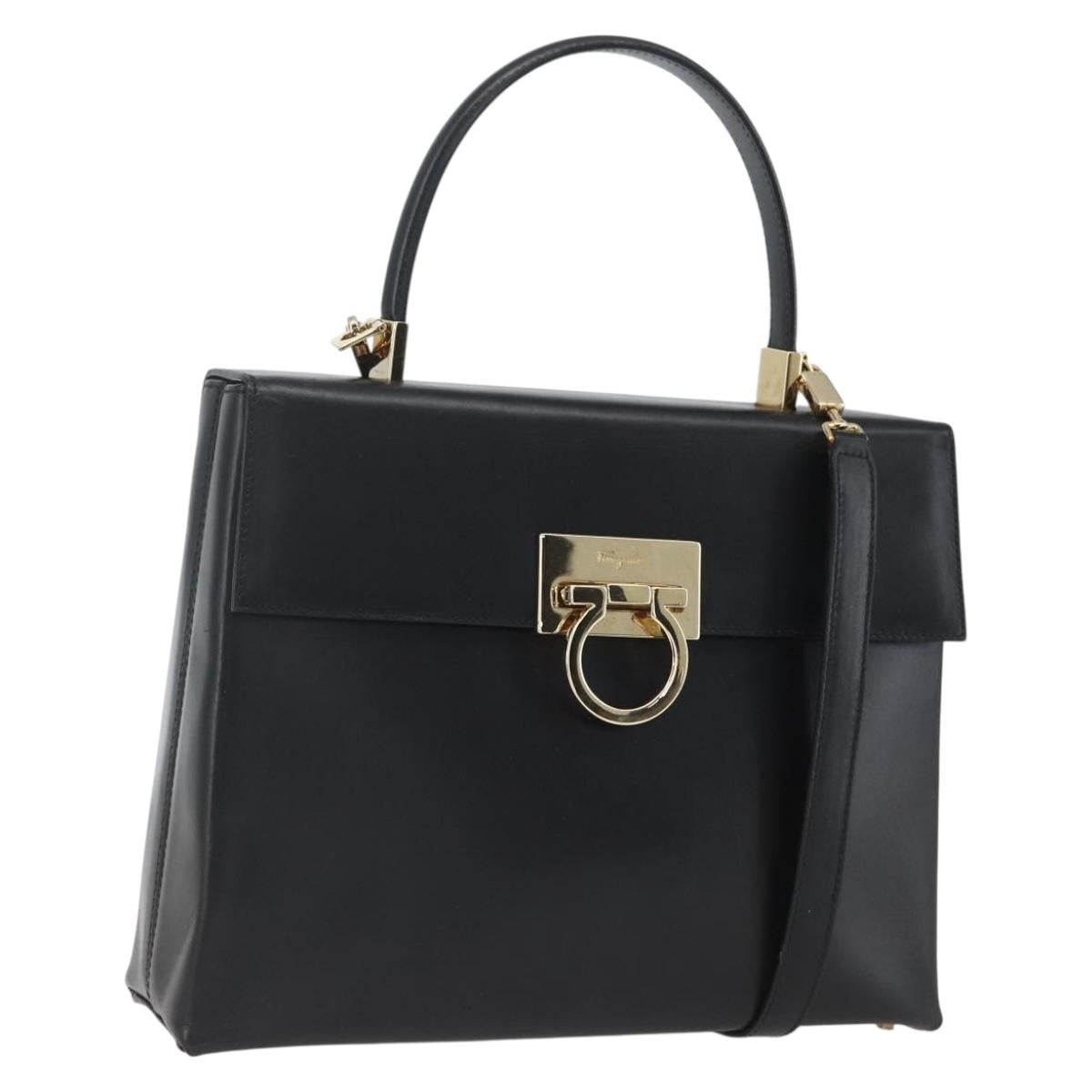 Salvatore Ferragamo Gancini Hand Bag Leather 2way Black Gold Auth 164875V
