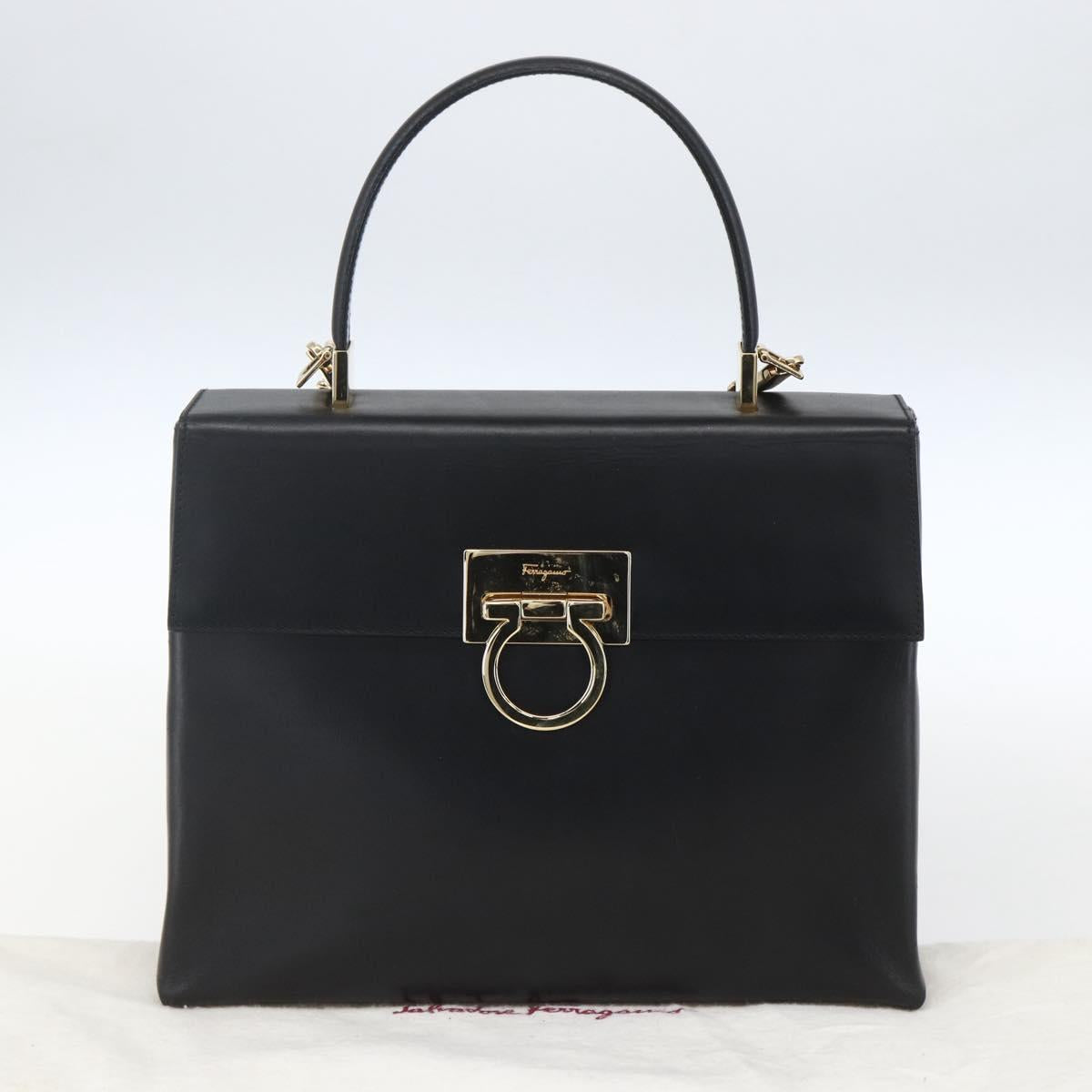 Salvatore Ferragamo Gancini Hand Bag Leather 2way Black Gold Auth 164875V