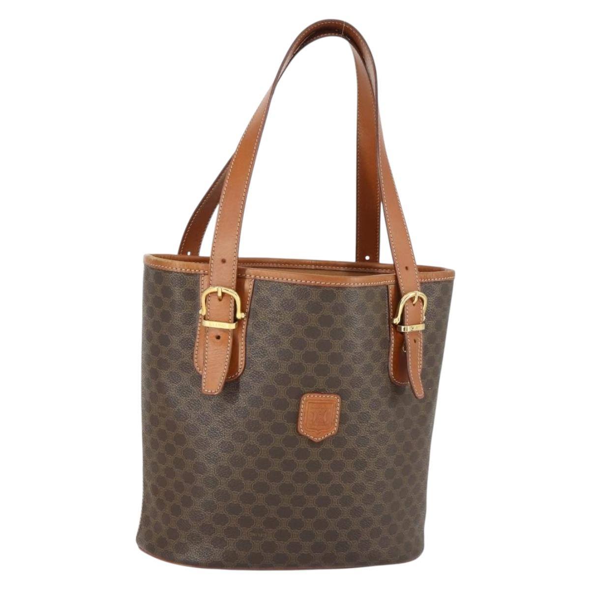 CELINE Macadam Canvas Tote Bag PVC Leather Brown Gold Auth 164910
