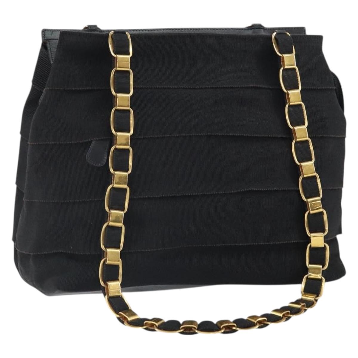 Salvatore Ferragamo Vala Chain Tote Bag Canvas Black Gold Auth 164931