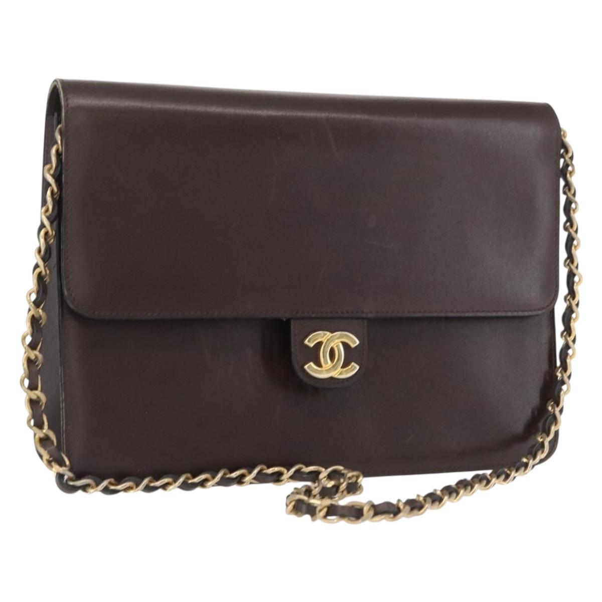 CHANEL Chain Shoulder Bag Leather Brown Gold CC Auth 164942