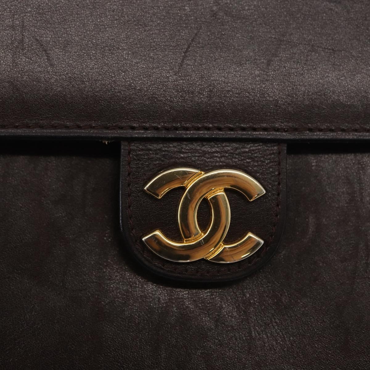 CHANEL Chain Shoulder Bag Leather Brown Gold CC Auth 164942