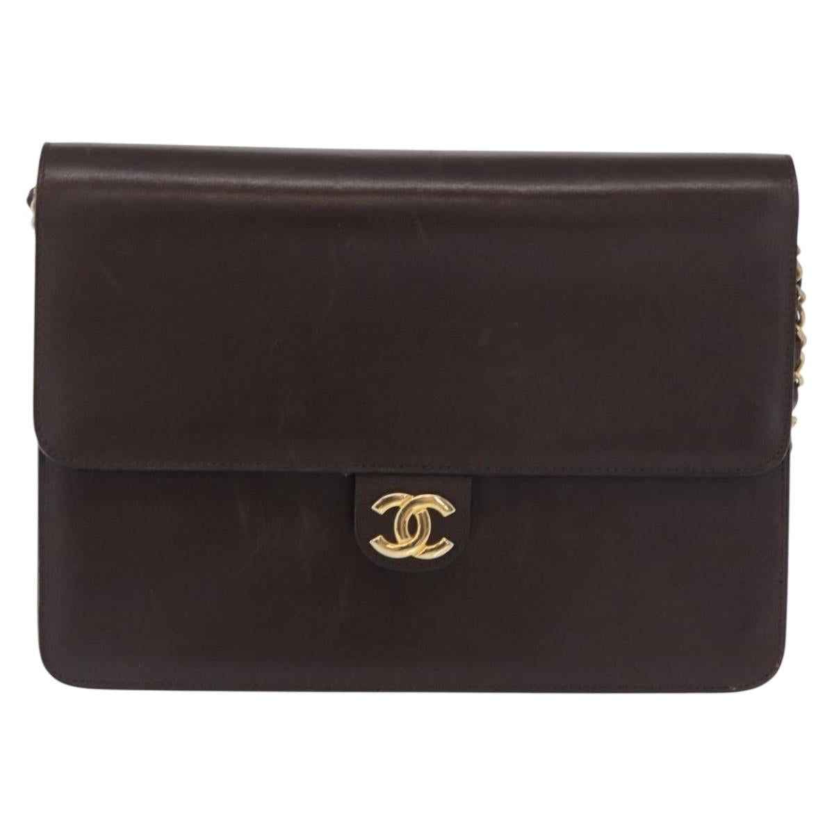 CHANEL Chain Shoulder Bag Leather Brown Gold CC Auth 164942