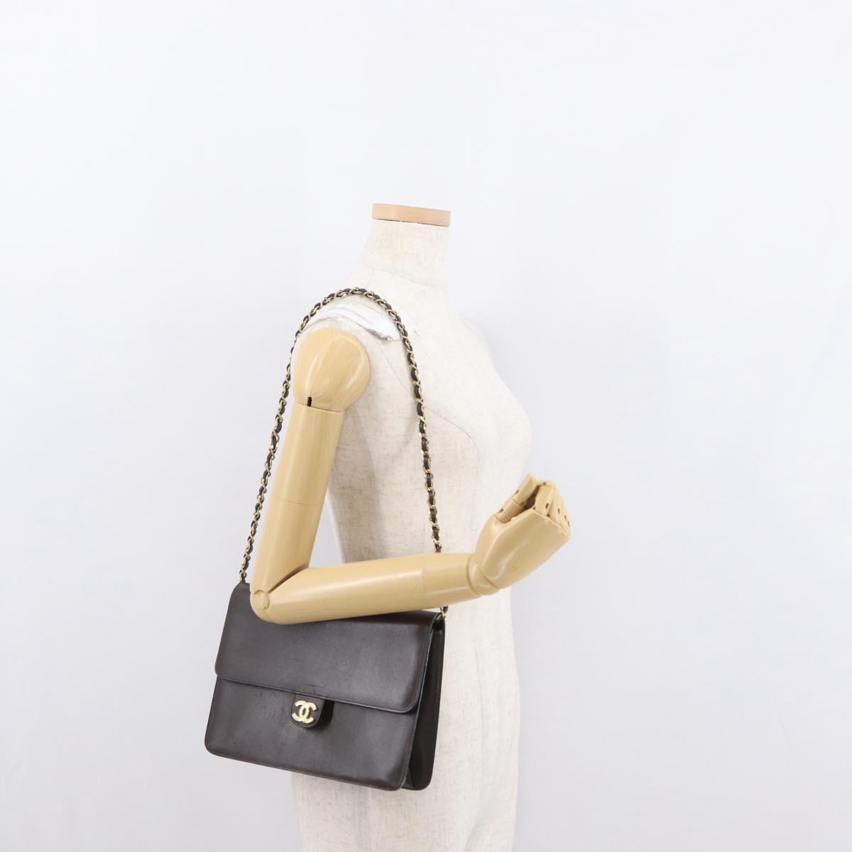 CHANEL Chain Shoulder Bag Leather Brown Gold CC Auth 164942