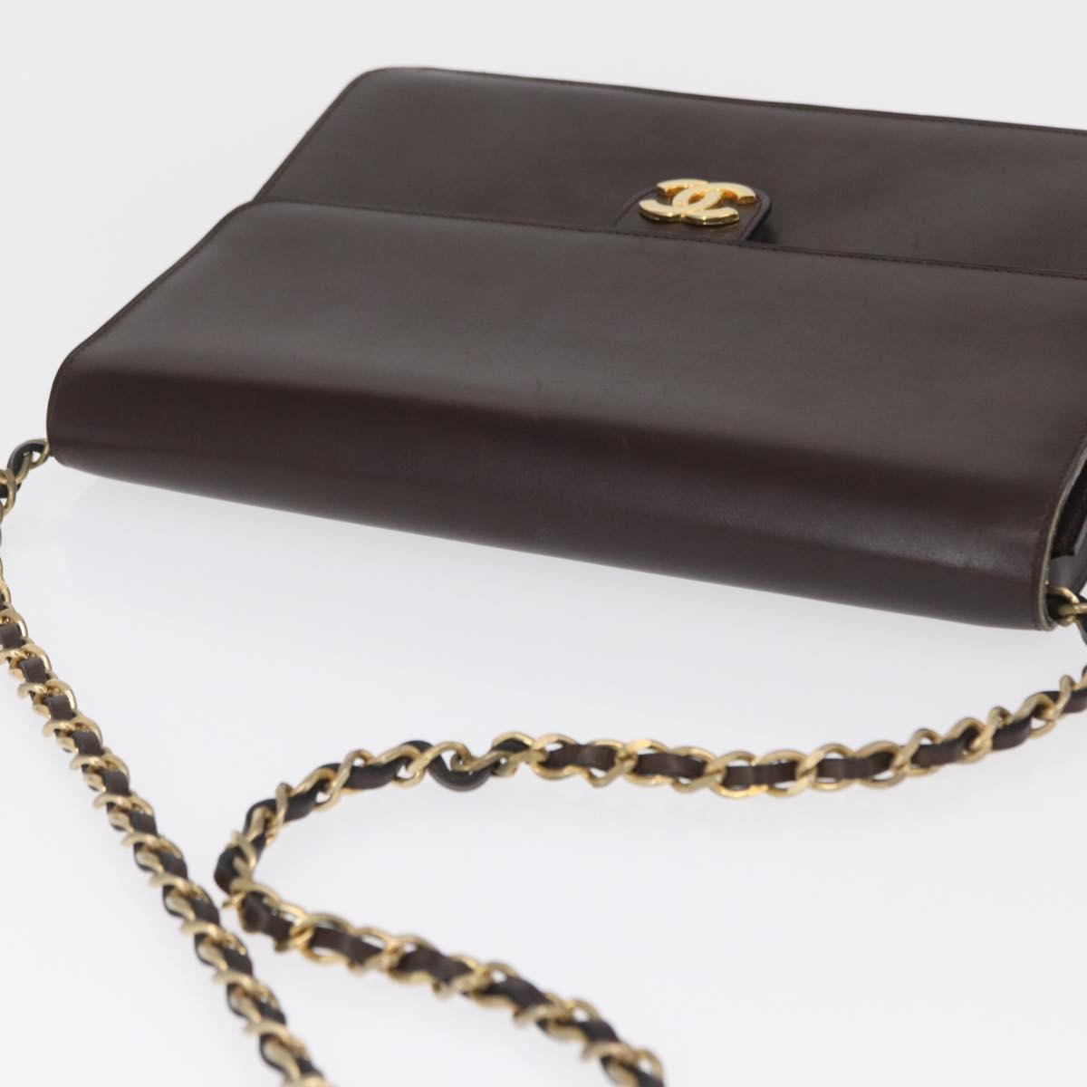 CHANEL Chain Shoulder Bag Leather Brown Gold CC Auth 164942