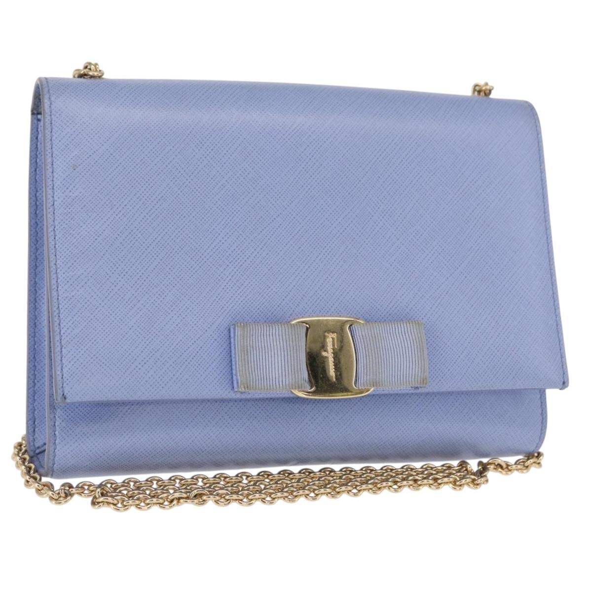 Salvatore Ferragamo Vala Chain Shoulder Bag Leather Blue Gold Auth 164943