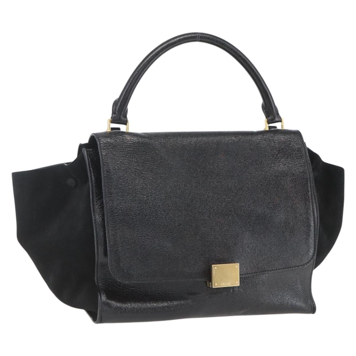 CELINE Trapeze Hand Bag Leather Suede Black Gold Auth 164944