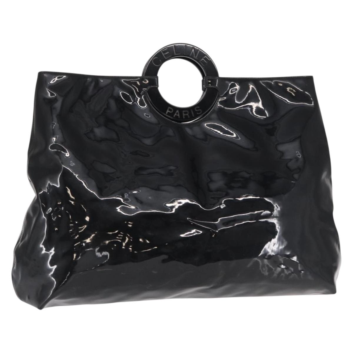 CELINE Circle Hand Bag Patent leather Black Silver Auth 164952