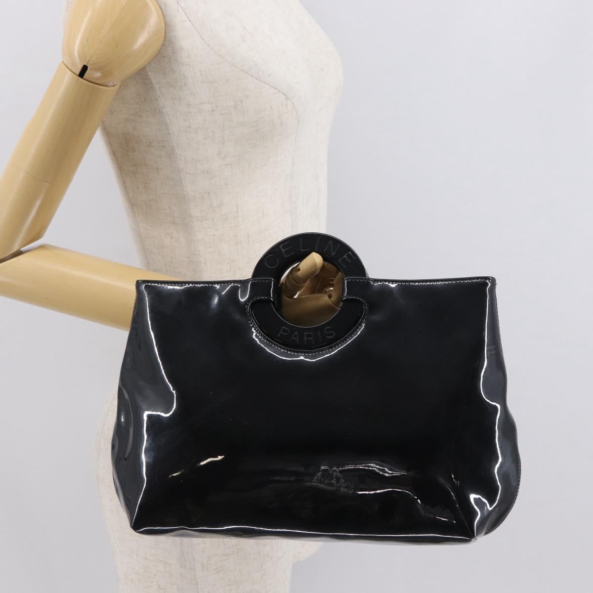 CELINE Circle Hand Bag Patent leather Black Silver Auth 164954