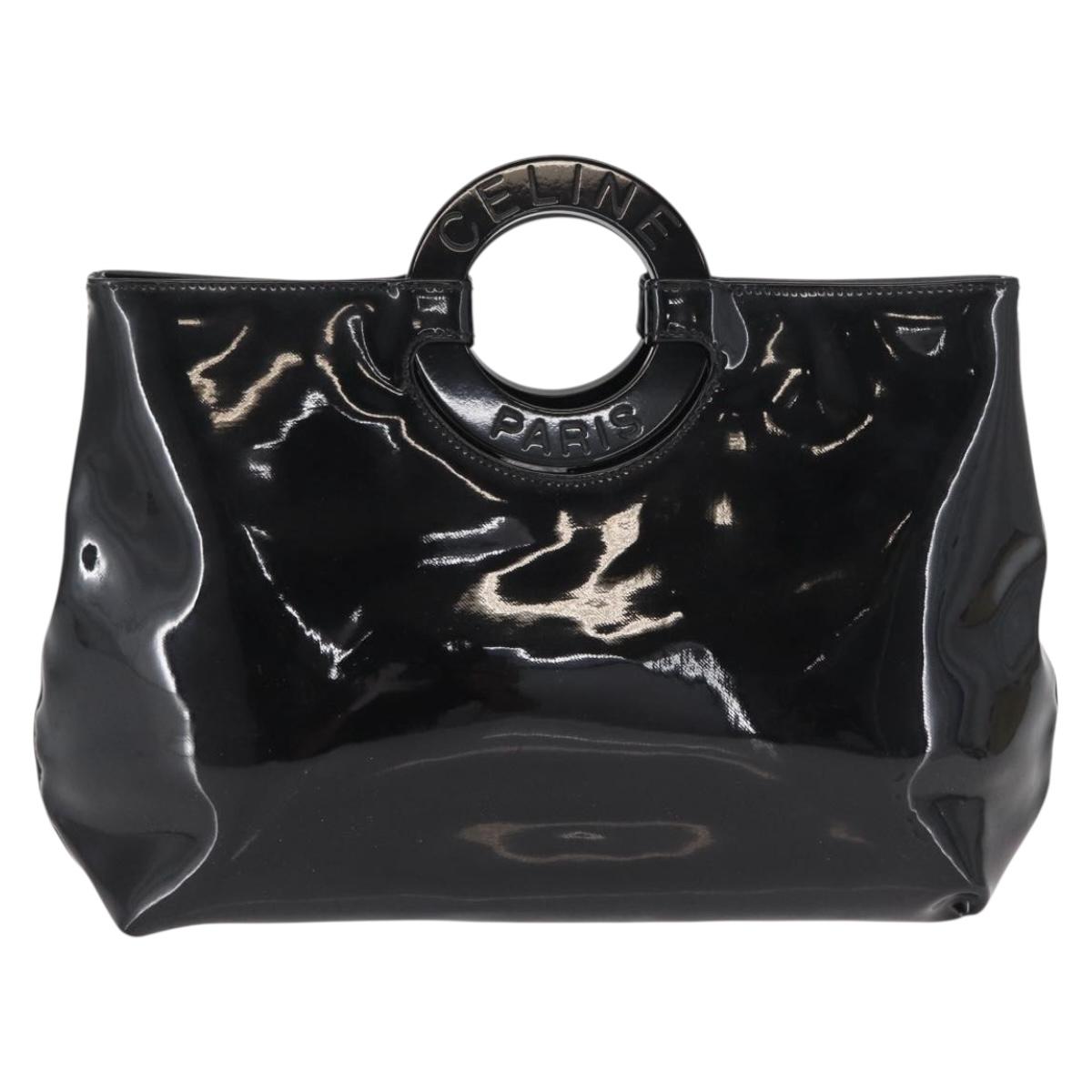 CELINE Circle Hand Bag Patent leather Black Silver Auth 164954