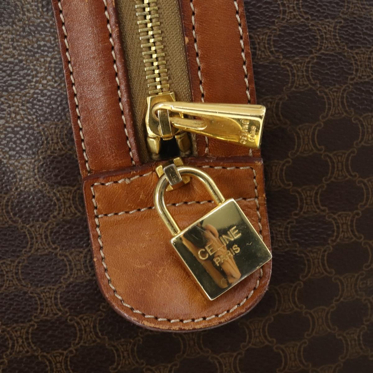 CELINE Macadam Canvas Boston Bag PVC Leather Brown Gold Auth 164958
