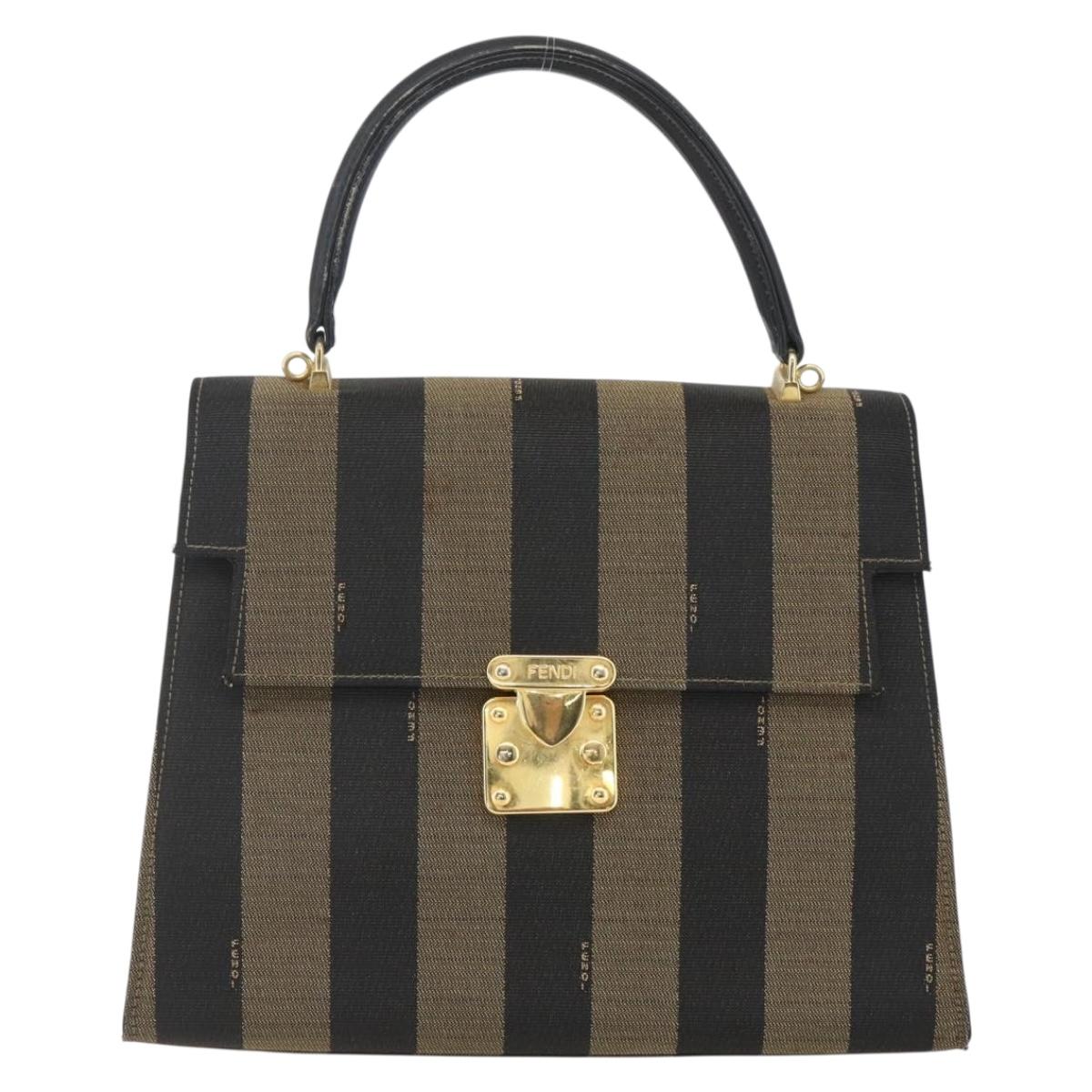 FENDI Pecan Canvas Hand Bag Black Brown gold Auth 165003