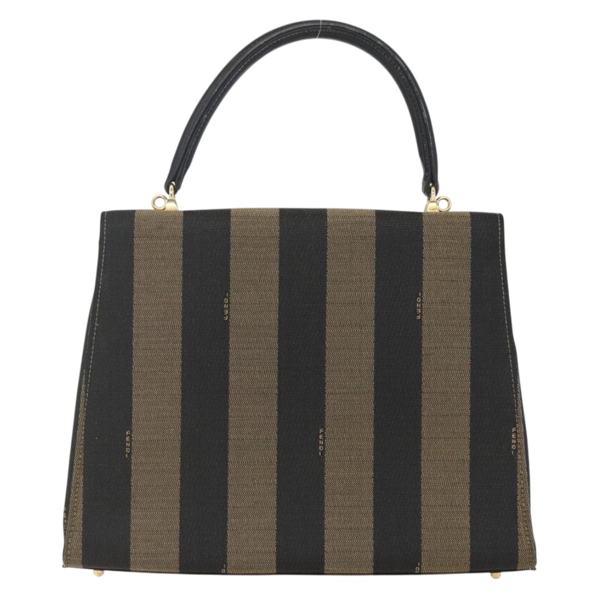 FENDI Pecan Canvas Hand Bag Black Brown gold Auth 165003