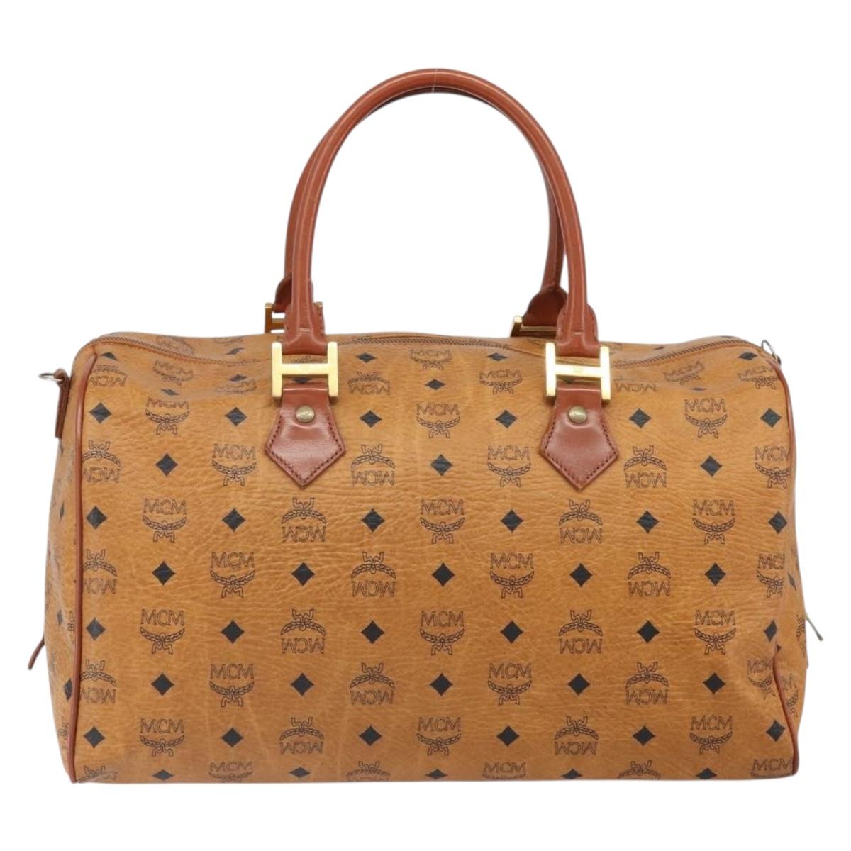 MCM Vicetos Logogram Boston Bag PVC Leather Brown Gold Auth 165012