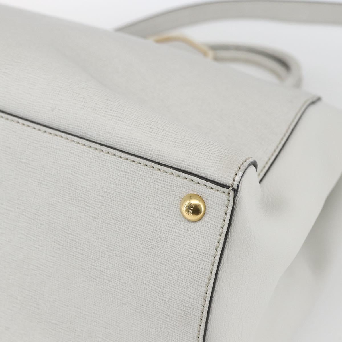 FENDI Hand Bag Leather 2way White Gold Auth 165027
