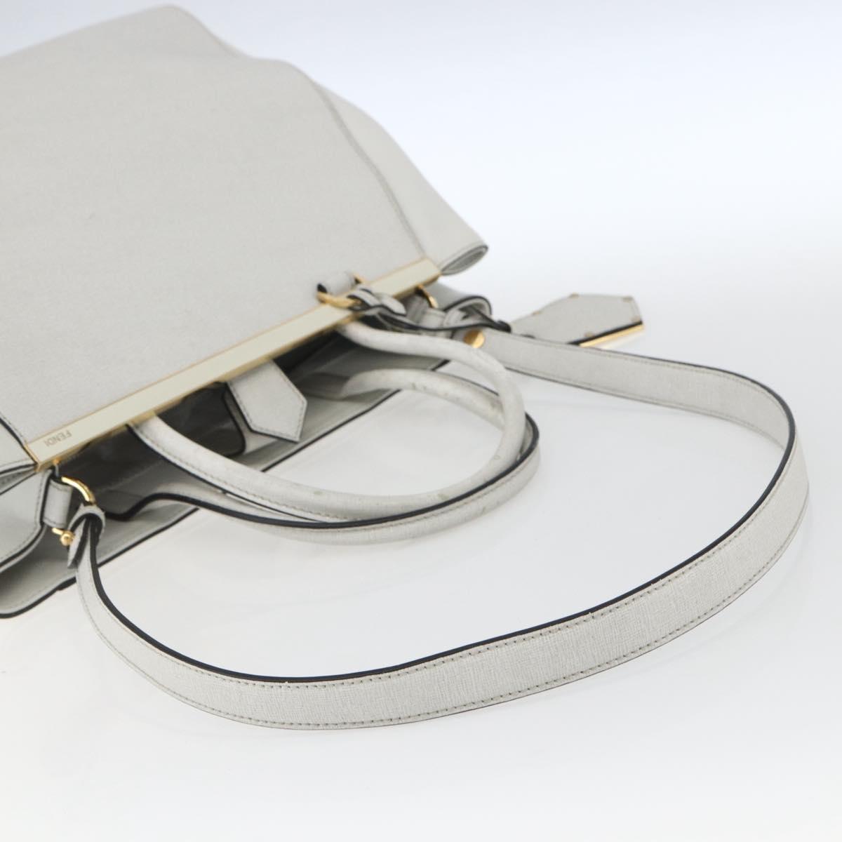 FENDI Hand Bag Leather 2way White Gold Auth 165027