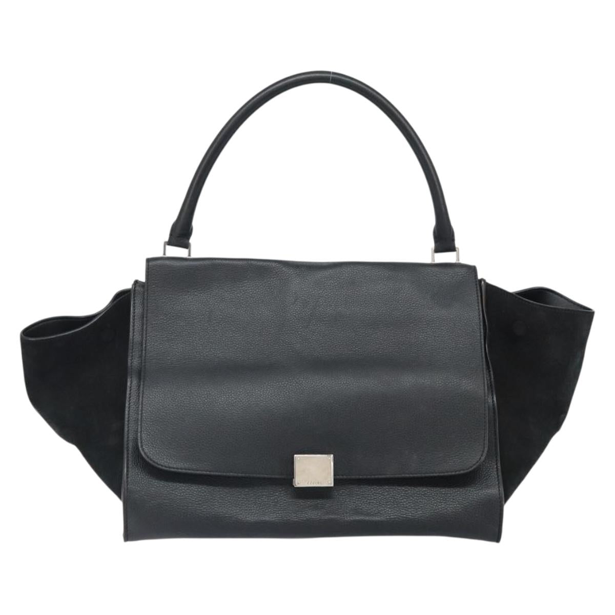 CELINE Trapeze Hand Bag Leather Suede Black Silver Auth 165042