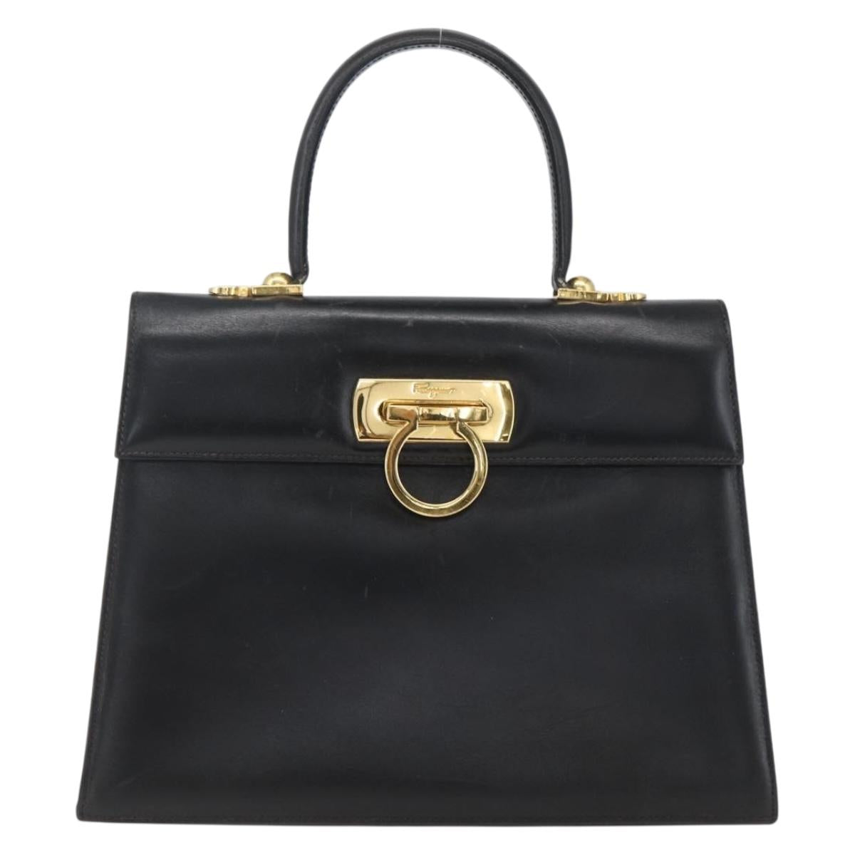 Salvatore Ferragamo Gancini Hand Bag Leather Black Gold Auth 165048