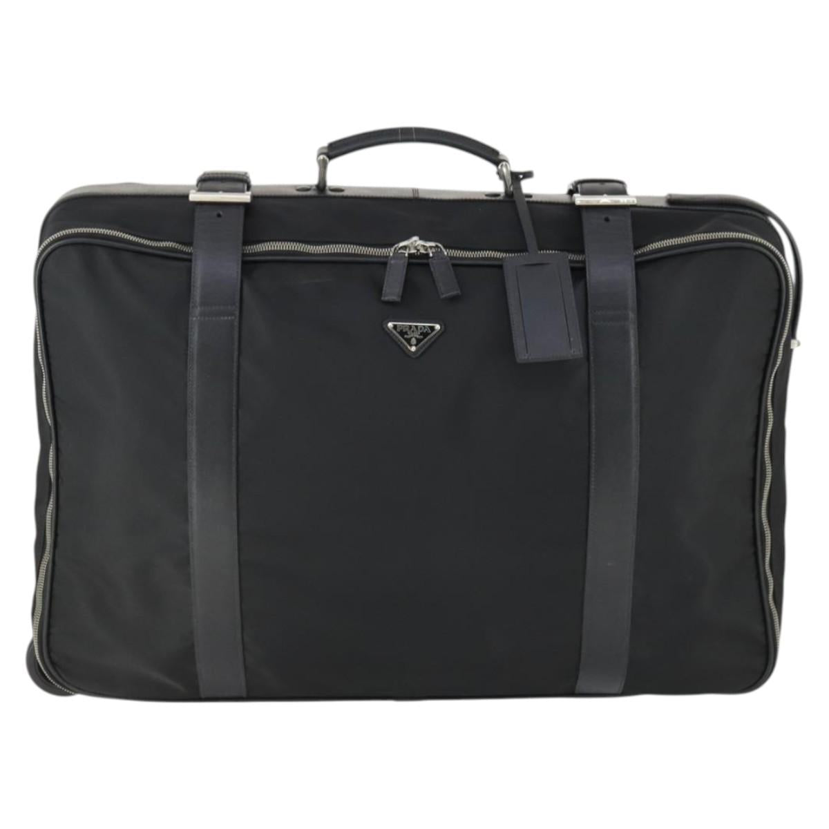 PRADA Carry Case Suitcase Nylon Leather Black Silver Auth 165055