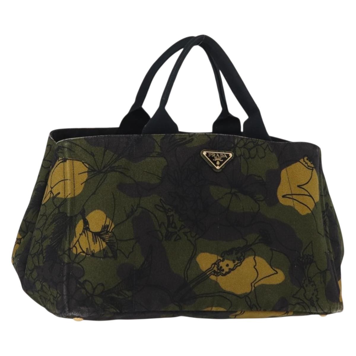 PRADA Camouflage Canapa GM Tote Bag Canvas Khaki Gold Auth 165063